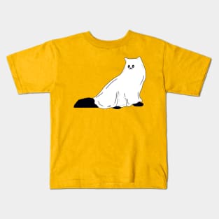 Fluffy Ghost Cat With Pumpkin Orange Background Kids T-Shirt